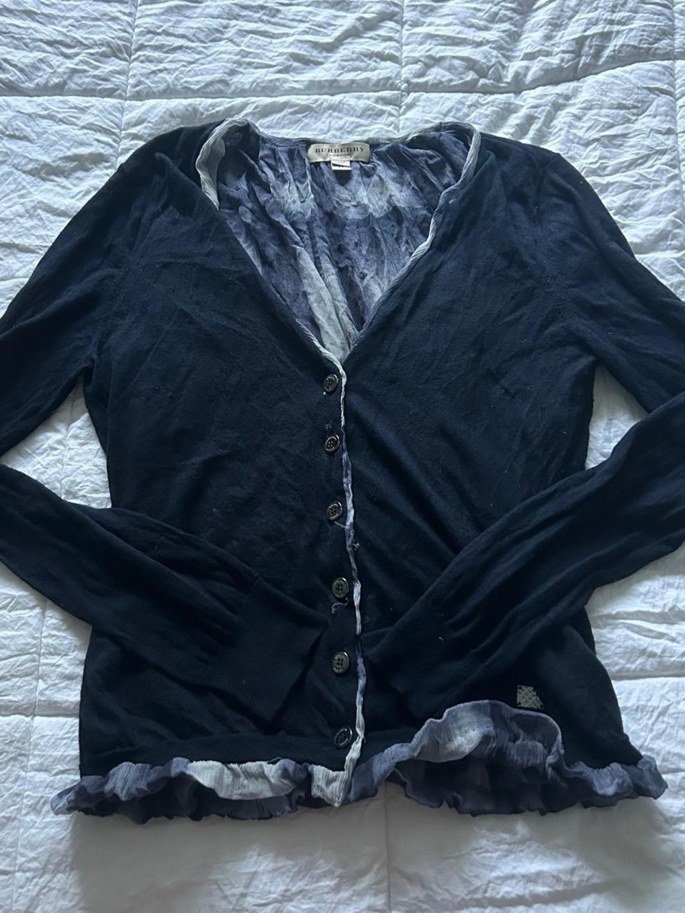 Burberry Navy and Light Blue Sheer Pleated Blouse